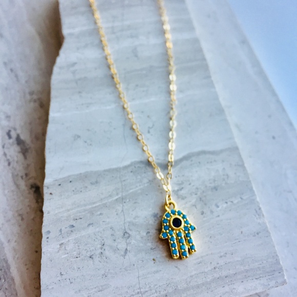 14K/Ster. Turquoise CZ Hamsa Charm Necklace - Picture 3 of 3